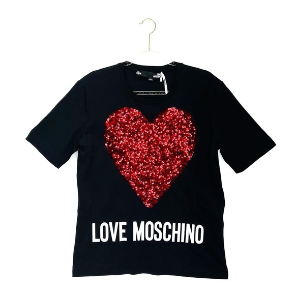 Love Moschino Sequined Heart T-shirt  Size 12 Black Cotton Large New NWT - Picture 1 of 8